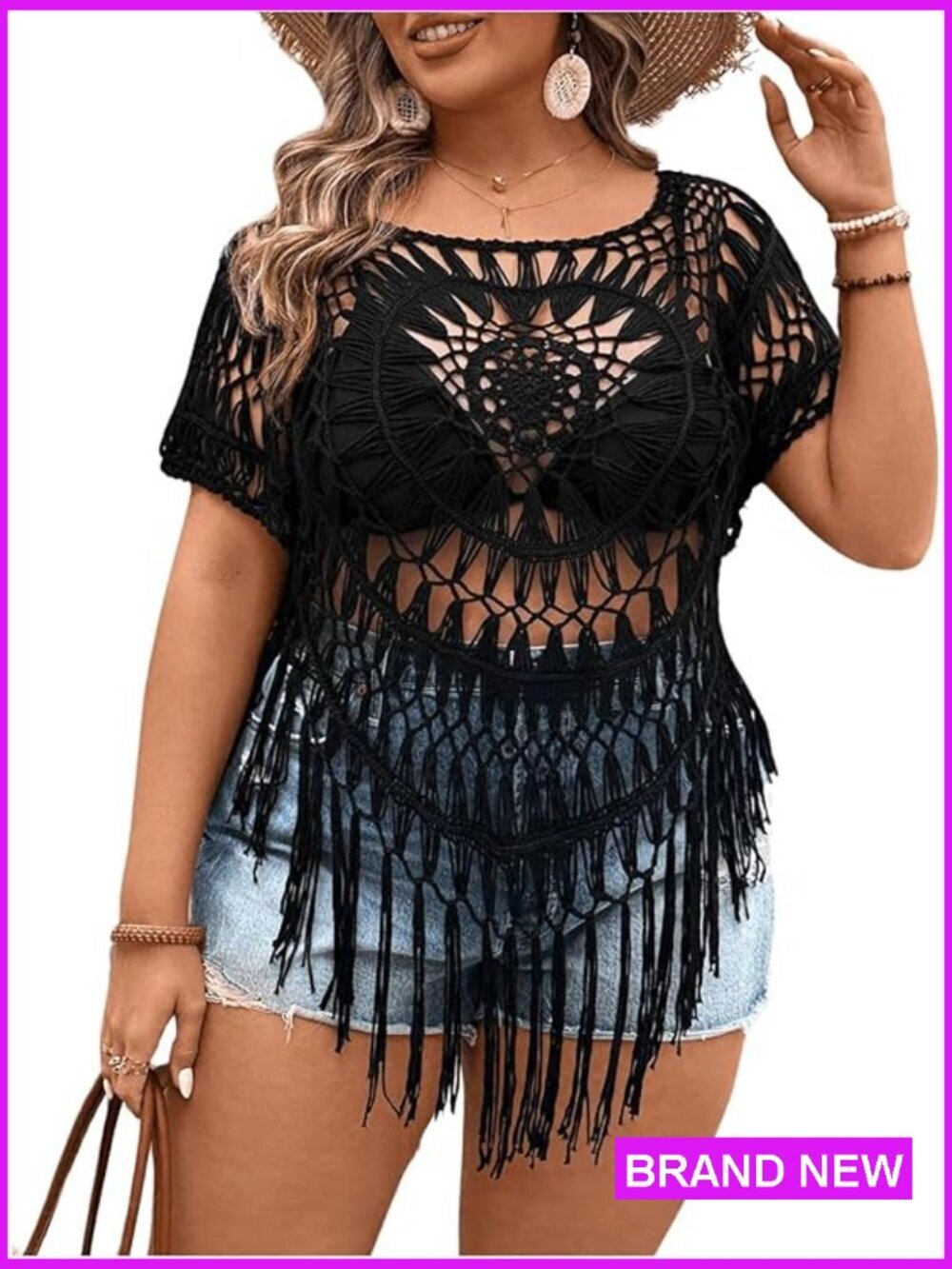 Hollow Out Knit T Shirt Fringe Hem Scoop Neck Short Sleeve Casual Plus Size Top
